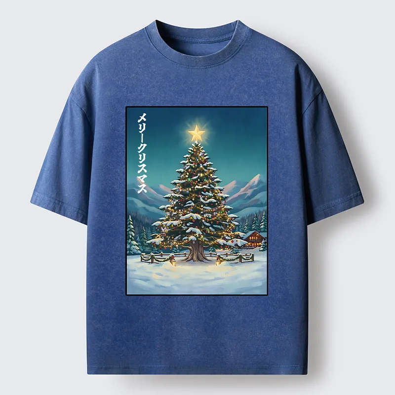 Tokyo-Tiger Snow Mountain Christmas Tree Vibe Washed T-Shirt