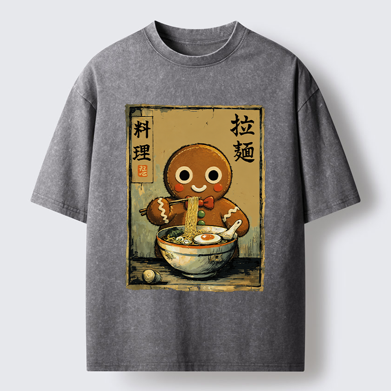 Tokyo-Tiger Funny Gingerbread Eating Ramen Washed T-Shirt