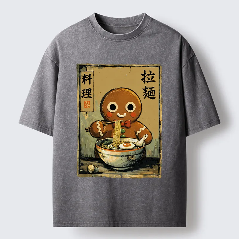 Tokyo-Tiger Funny Gingerbread Eating Ramen Washed T-Shirt