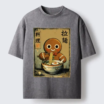 Tokyo-Tiger Funny Gingerbread Eating Ramen Washed T-Shirt