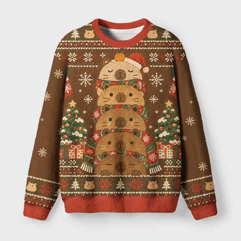 Tokyo-Tiger Stacked Cute Capybara Fuzzy Christmas Ugly Sweatshirt