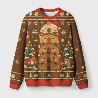 Tokyo-Tiger Stacked Cute Capybara Fuzzy Christmas Ugly Sweatshirt
