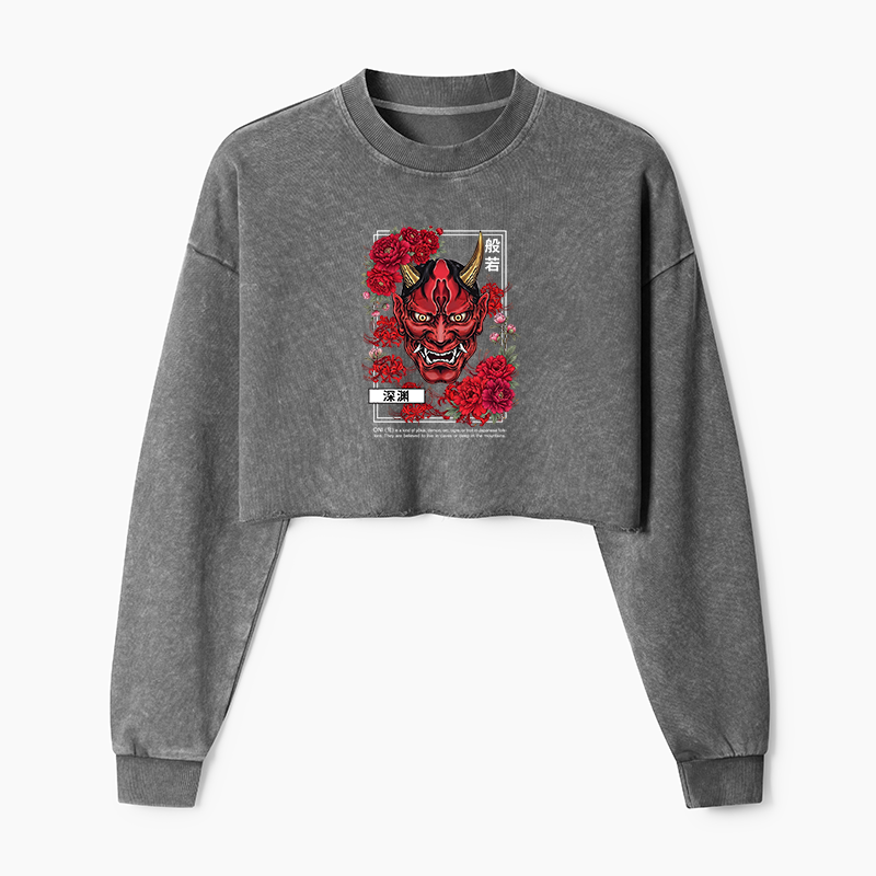 Tokyo-Tiger Cool Oni Floral Art Washed Crop Sweatshirt