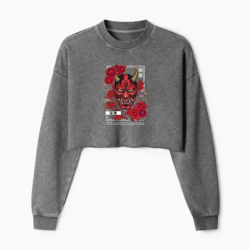Tokyo-Tiger Cool Oni Floral Art Washed Crop Sweatshirt