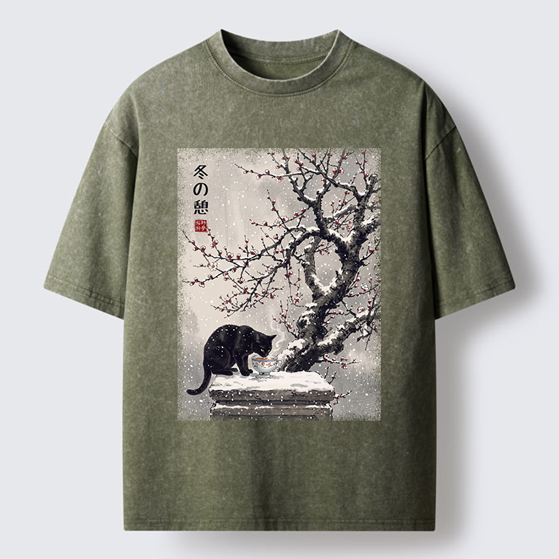 Tokyo‑Tiger Snow Cat Calm Vibes Washed T-Shirt