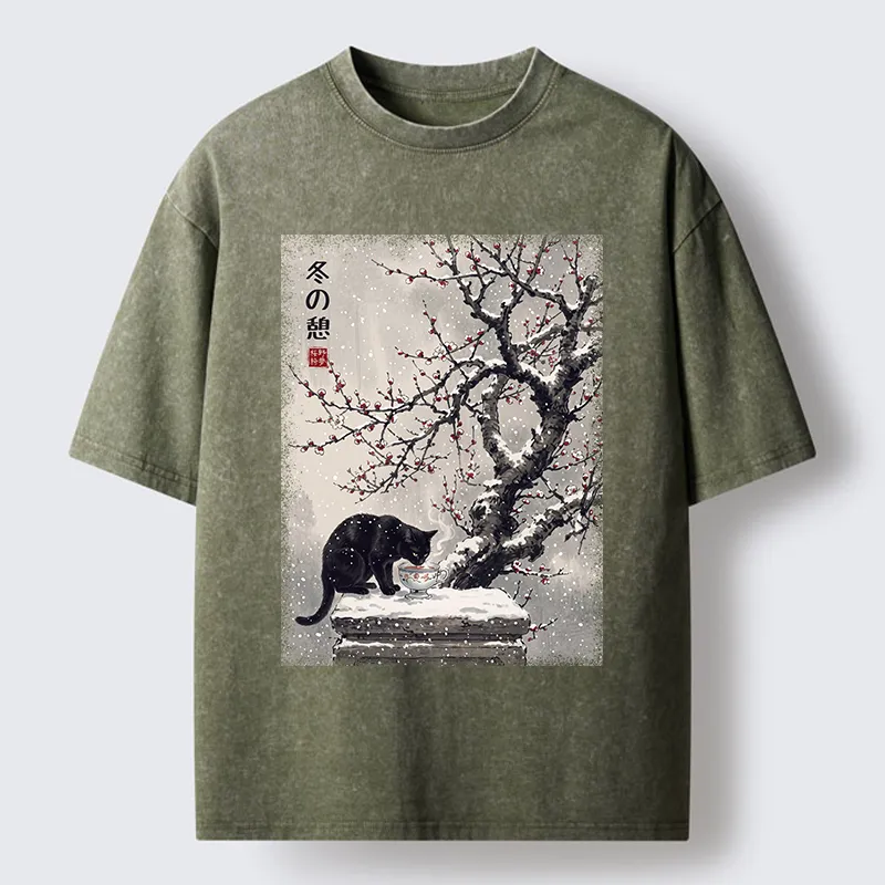 Tokyo‑Tiger Snow Cat Calm Vibes Washed T-Shirt