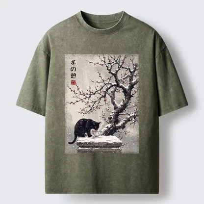 Tokyo‑Tiger Snow Cat Calm Vibes Washed T-Shirt