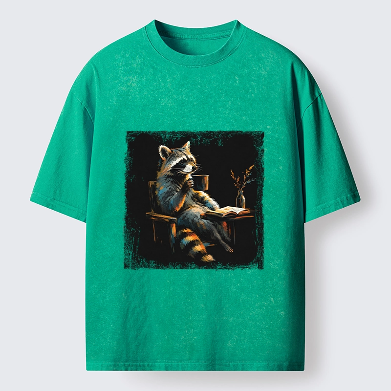 Tokyo‑Tiger Cozy Raccoon Reader Washed T‑Shirt