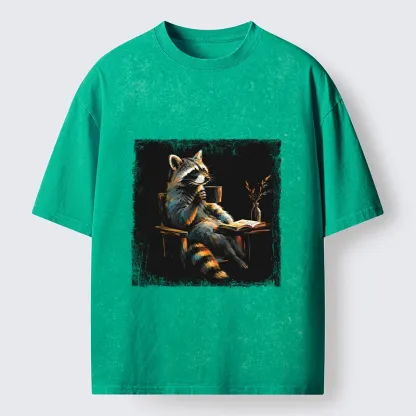 Tokyo‑Tiger Cozy Raccoon Reader Washed T‑Shirt