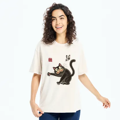 Tokyo-Tiger Cat Catching Butterflies Washed T-Shirt