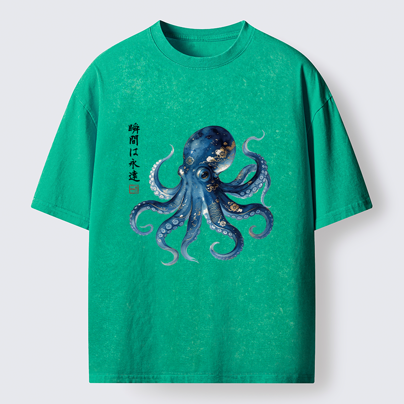 Tokyo-Tiger Japanese Ink Blue Octopus Art Washed T-Shirt