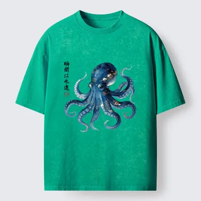Tokyo-Tiger Japanese Ink Blue Octopus Art Washed T-Shirt