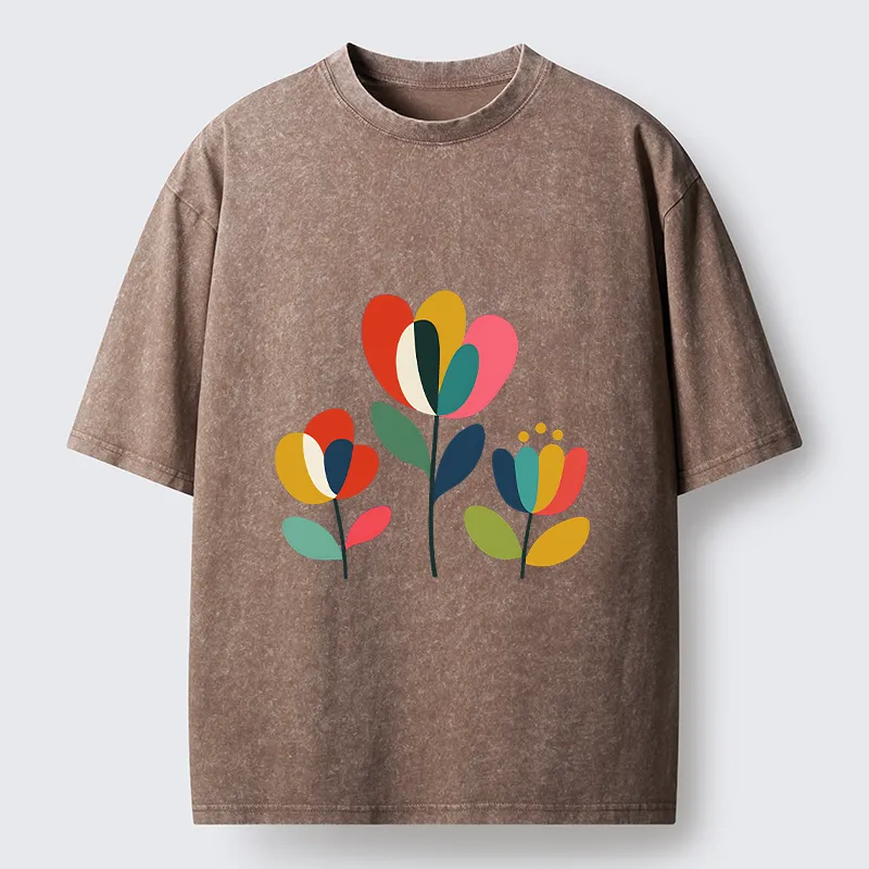 Tokyo-Tiger Modern Color Floral Art Washed T-Shirt