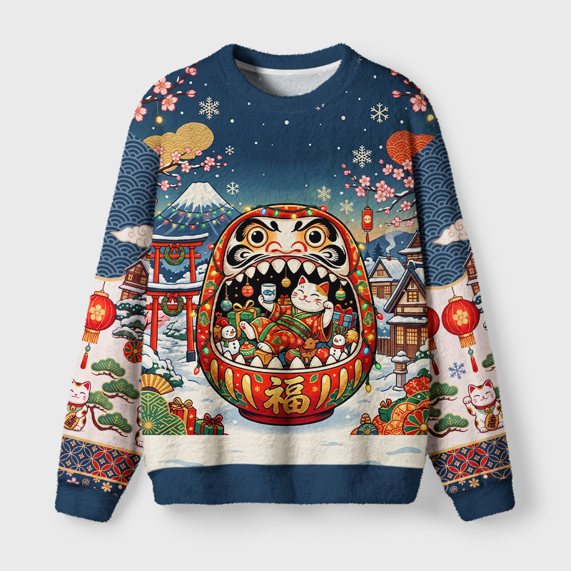 Tokyo-Tiger Japanese Daruma Lucky Cat Fuzzy Christmas Ugly Sweatshirt