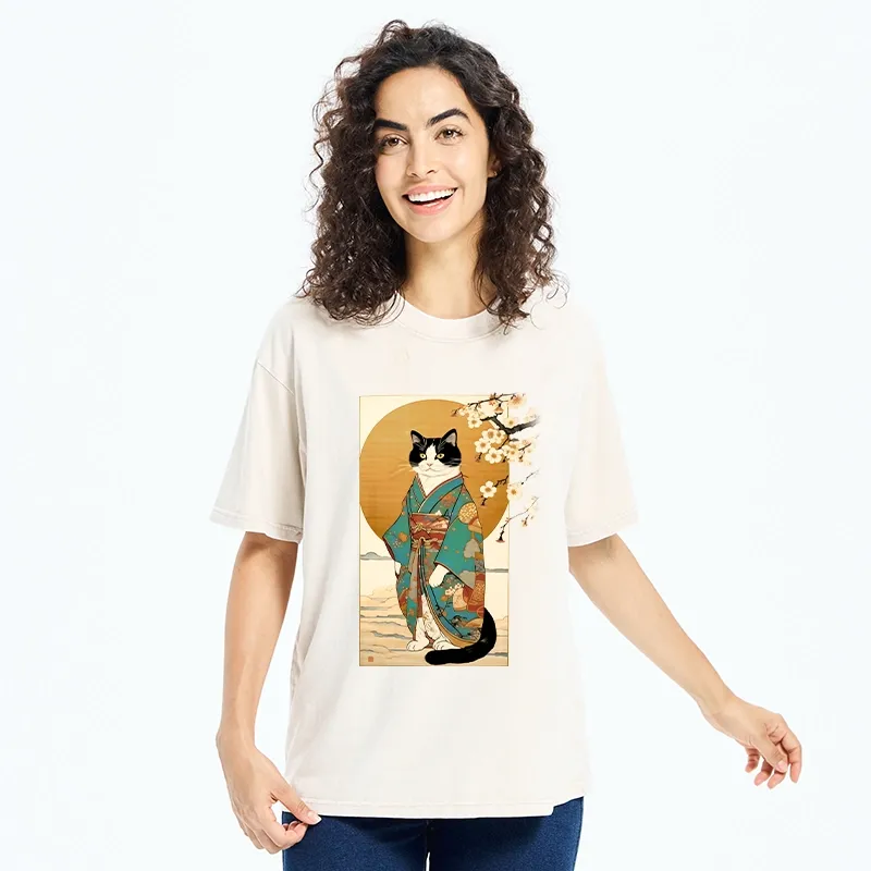 Tokyo-Tiger Elegant Cat In Traditional Kimono Washed T-Shirt