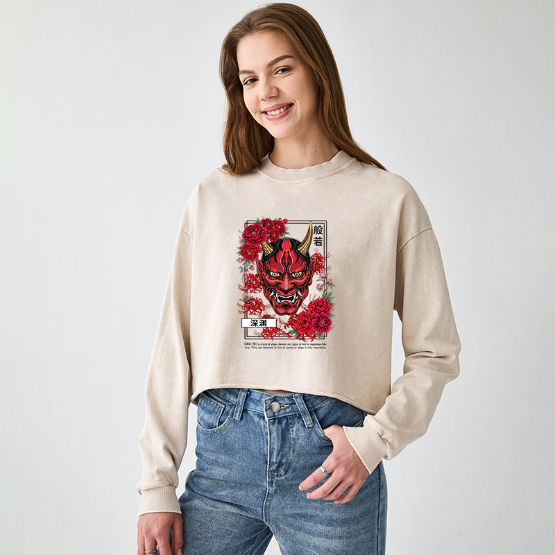 Tokyo-Tiger Cool Oni Floral Art Washed Crop Sweatshirt