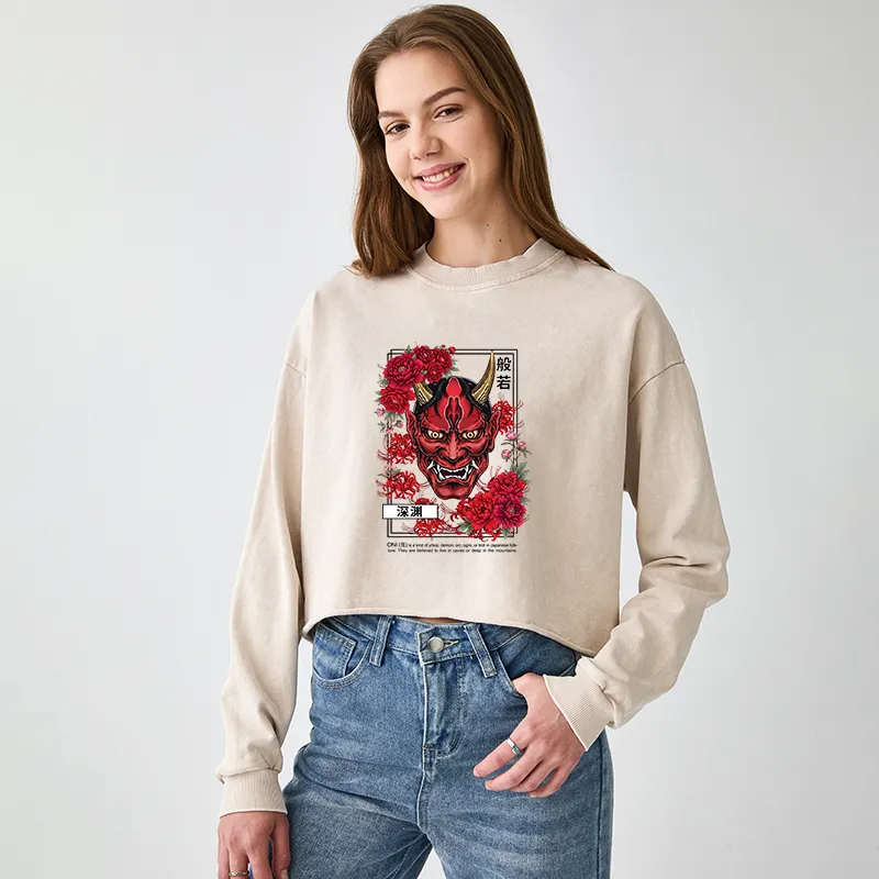 Tokyo-Tiger Cool Oni Floral Art Washed Crop Sweatshirt