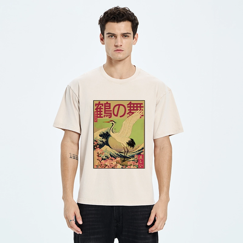 Tokyo-Tiger Japanese Crane And Wave Art Washed T-Shirt