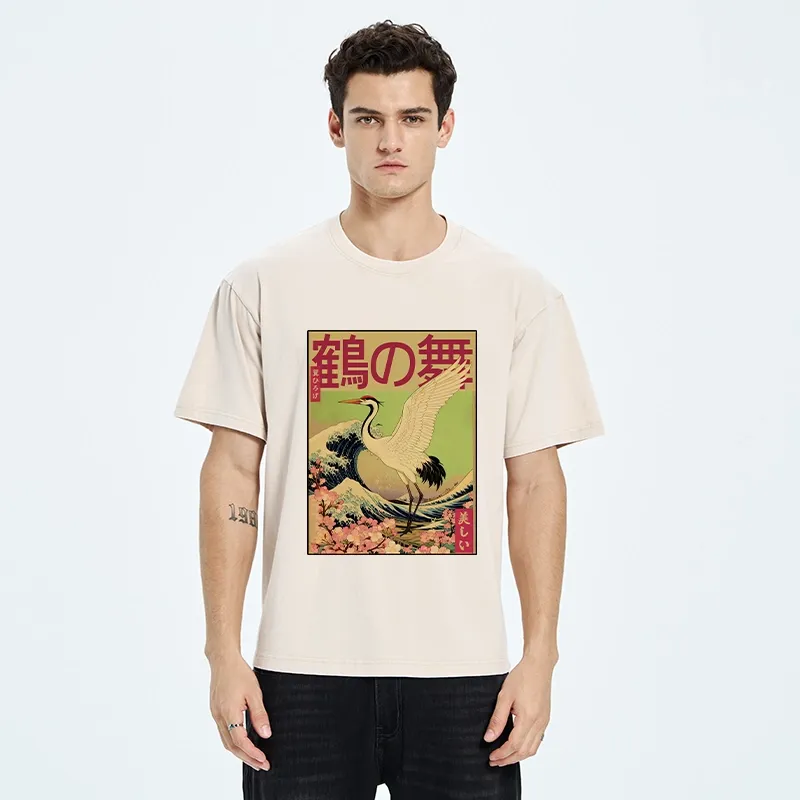 Tokyo-Tiger Japanese Crane And Wave Art Washed T-Shirt