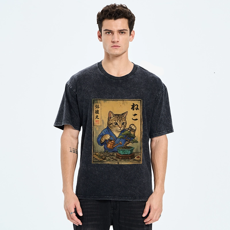 Tokyo-Tiger Cat Mastering Bonsai Art Washed T-Shirt