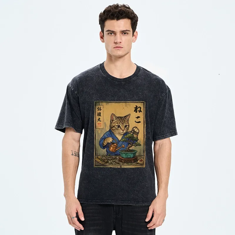 Tokyo-Tiger Cat Mastering Bonsai Art Washed T-Shirt