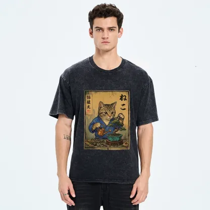 Tokyo-Tiger Cat Mastering Bonsai Art Washed T-Shirt