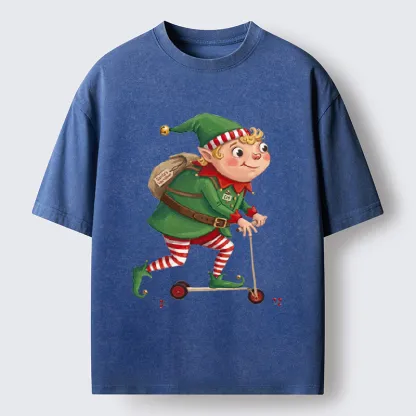 Tokyo-Tiger Christmas Elf Scooter Ride Washed T-Shirt