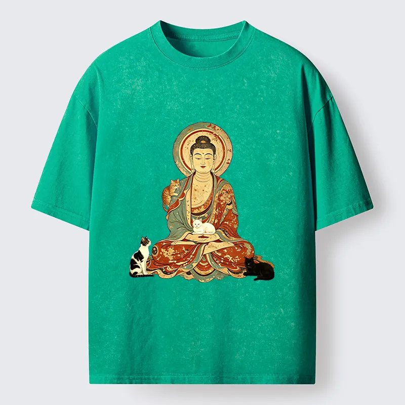 Tokyo-Tiger Buddha And Cats Art Washed T-Shirt