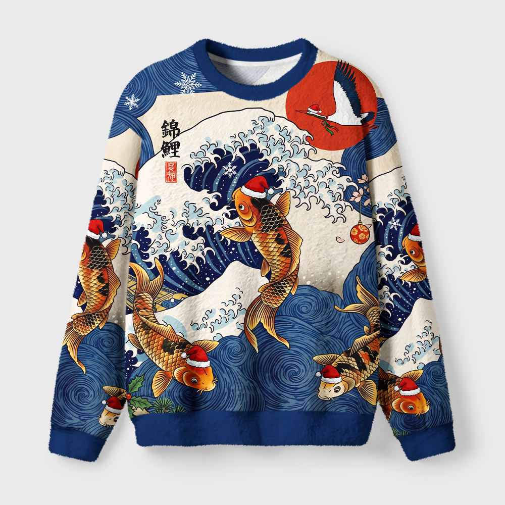 Tokyo-Tiger Koi And Waves Fuzzy Christmas Ugly Sweatshirt