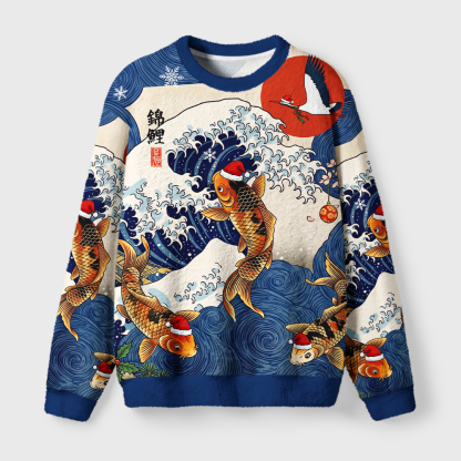 Tokyo-Tiger Koi And Waves Fuzzy Christmas Ugly Sweatshirt