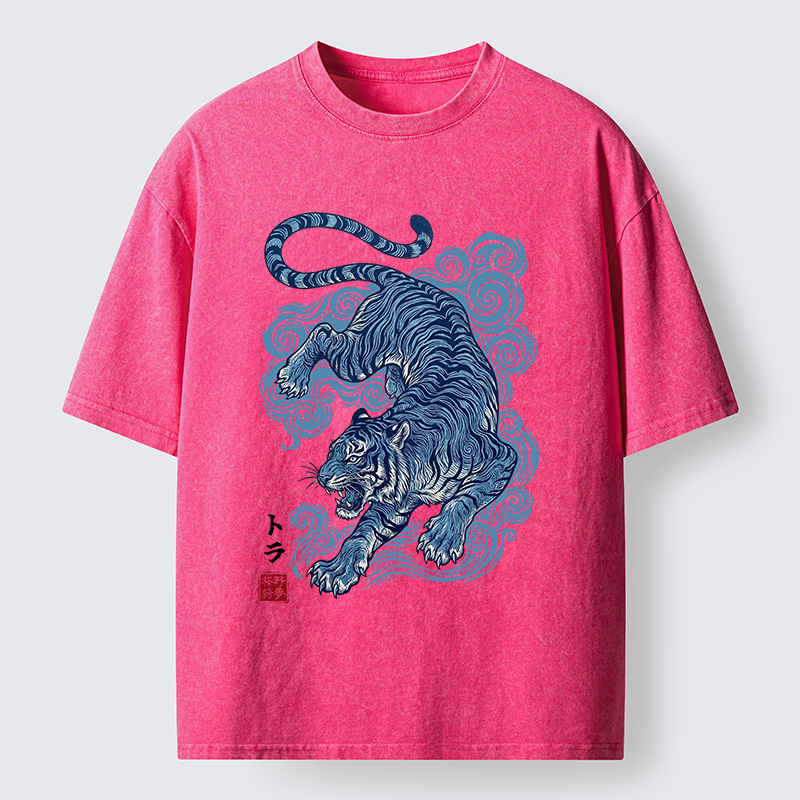 Tokyo-Tiger Japanese Blue Tiger Wave Art Washed T-Shirt