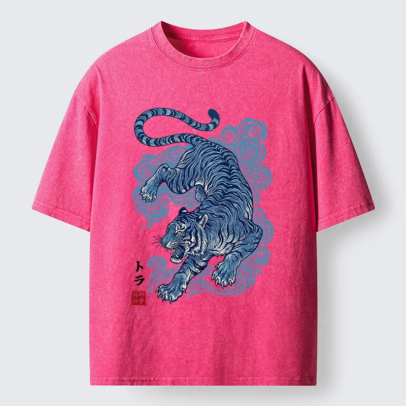 Tokyo-Tiger Japanese Blue Tiger Wave Art Washed T-Shirt