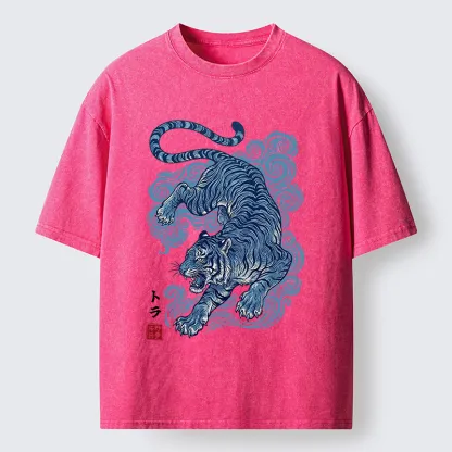 Tokyo-Tiger Japanese Blue Tiger Wave Art Washed T-Shirt