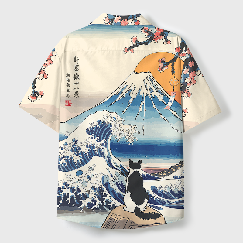Tokyo-Tiger Cat Looking At The Great Wave Cuban Collar Shirt