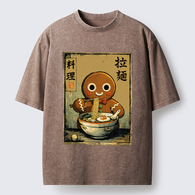Tokyo-Tiger Funny Gingerbread Eating Ramen Washed T-Shirt