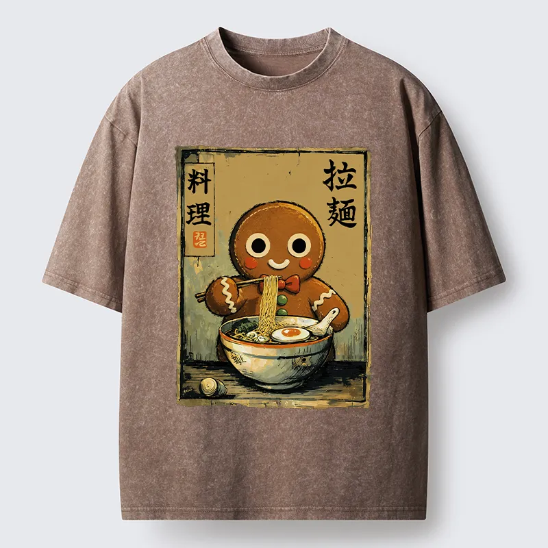 Tokyo‑Tiger Funny Gingerbread Eating Ramen Washed T‑Shirt Sale