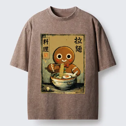 Tokyo-Tiger Funny Gingerbread Eating Ramen Washed T-Shirt