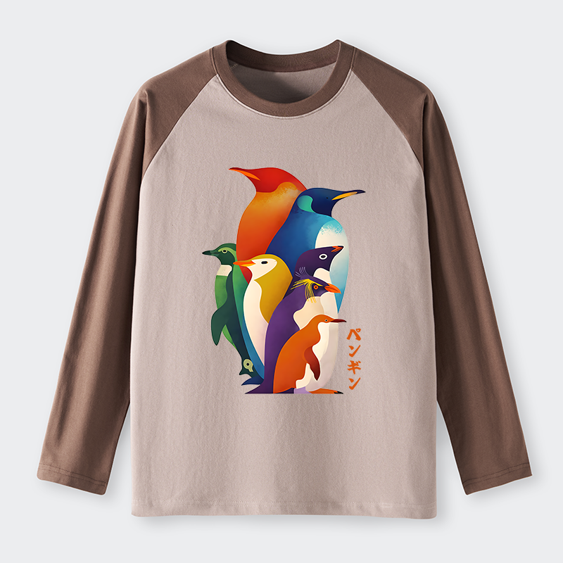 Tokyo-Tiger Cute Multi Tone Penguins Raglan Long Sleeve T-shirt