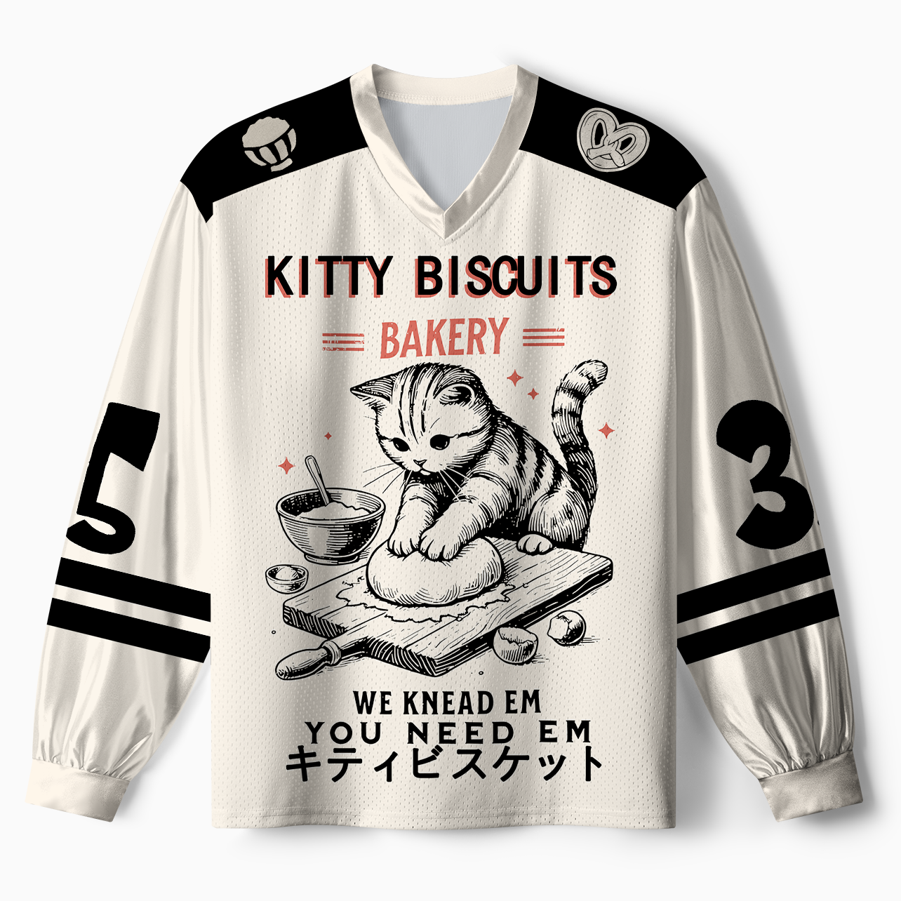Tokyo-Tiger Funny Cat Making Biscuits Paneled Long Sleeve Jersey