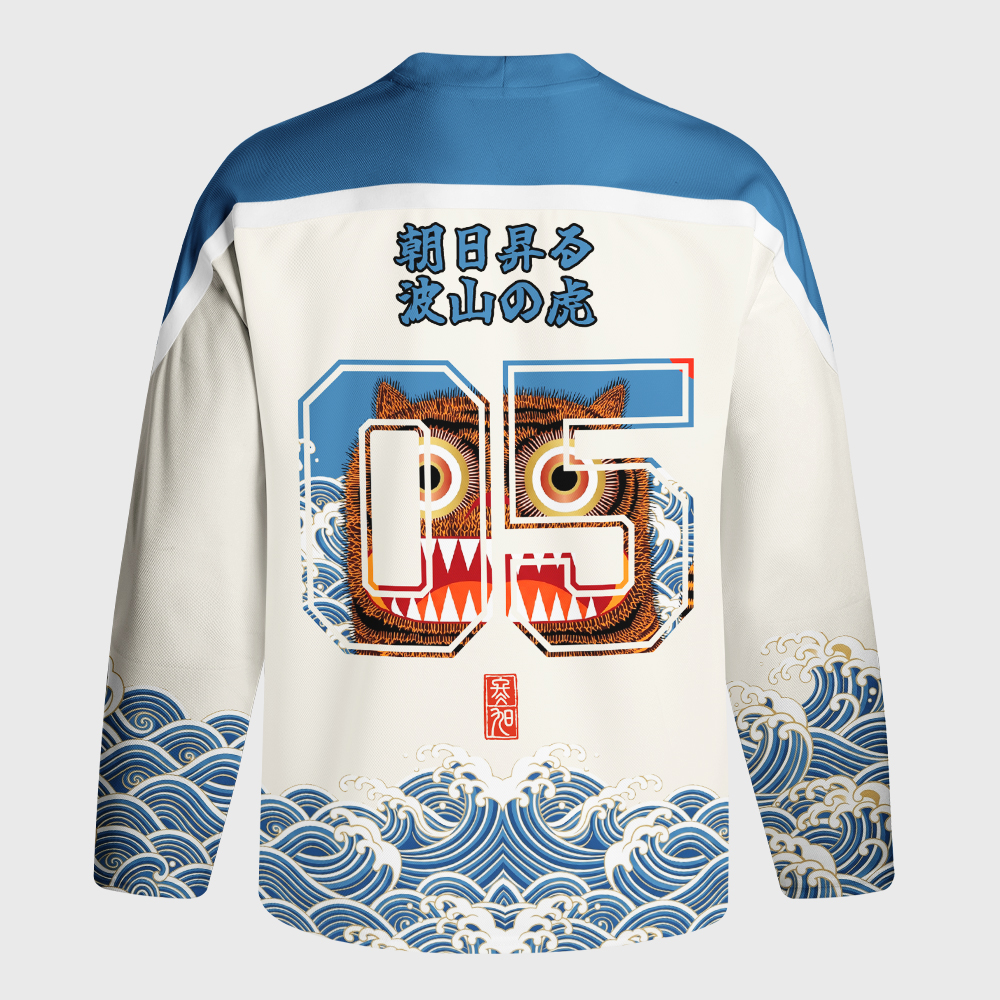 Tokyo-Tiger Folk Art Tiger Standing On Waves Long-Sleeve Hockey Jersey