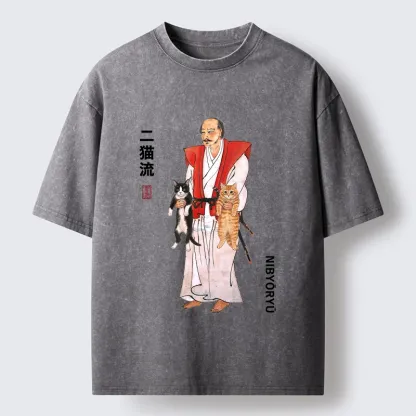 Tokyo‑Tiger Two Cat Samurai Vibe Washed T‑Shirt