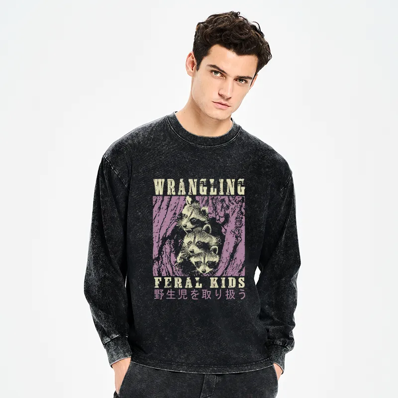 Tokyo-Tiger Wrangling Feral Raccoon Kids Washed Long Sleeve T-Shirt