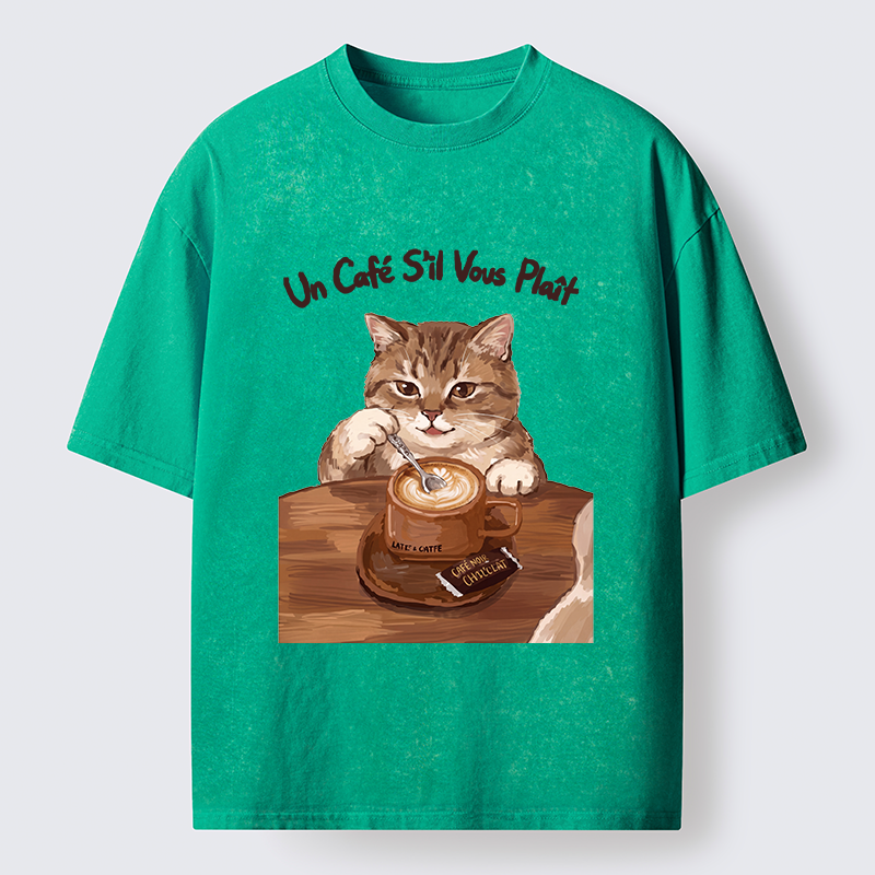 Tokyo-Tiger Cat Stirring Coffee Washed T-Shirt