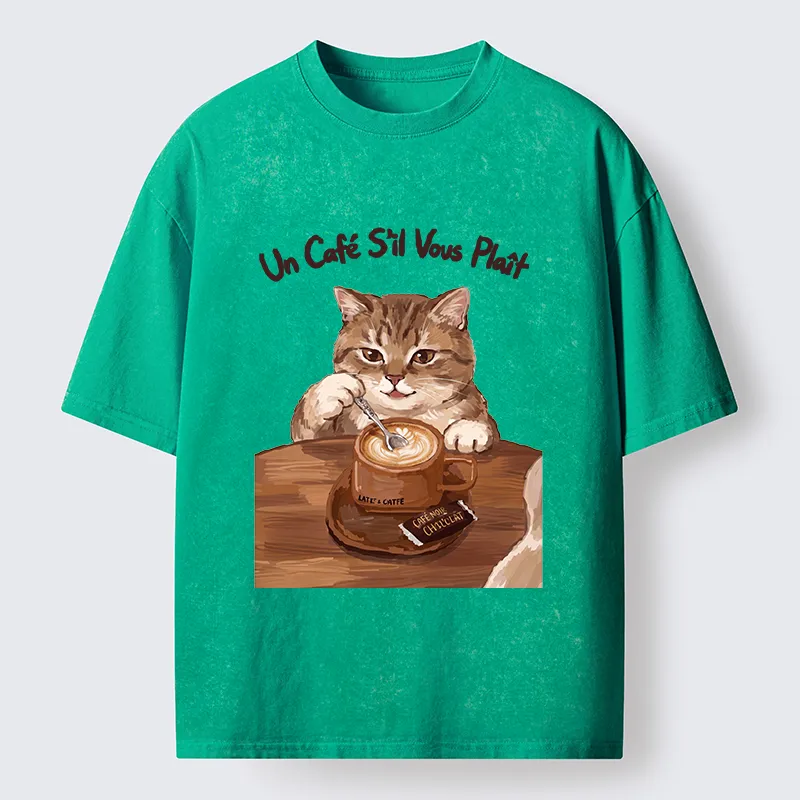 Tokyo-Tiger Cat Stirring Coffee Washed T-Shirt