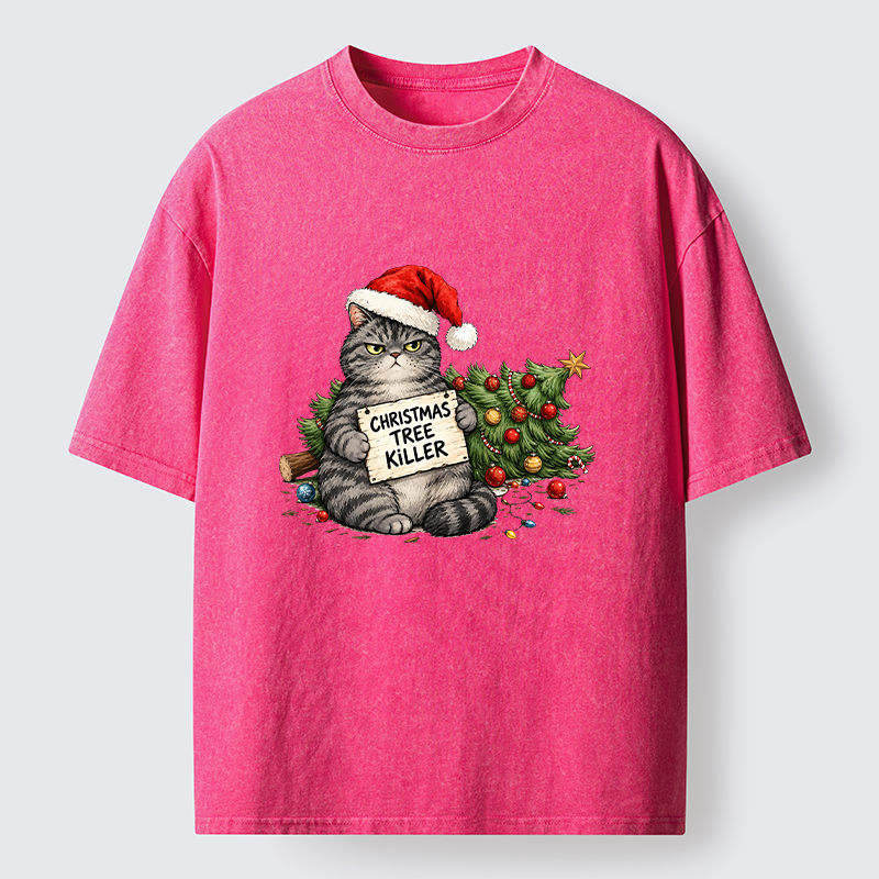 Tokyo-Tiger Playful Cat Messing With Christmas Tree Washed T-Shirt
