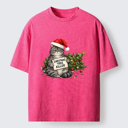 Tokyo-Tiger Playful Cat Messing With Christmas Tree Washed T-Shirt