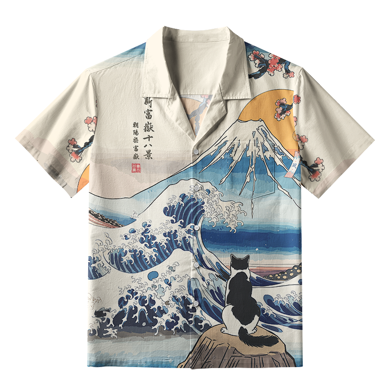Tokyo-Tiger Cat Looking At The Great Wave Aloha Hawaiian Shirt Sale