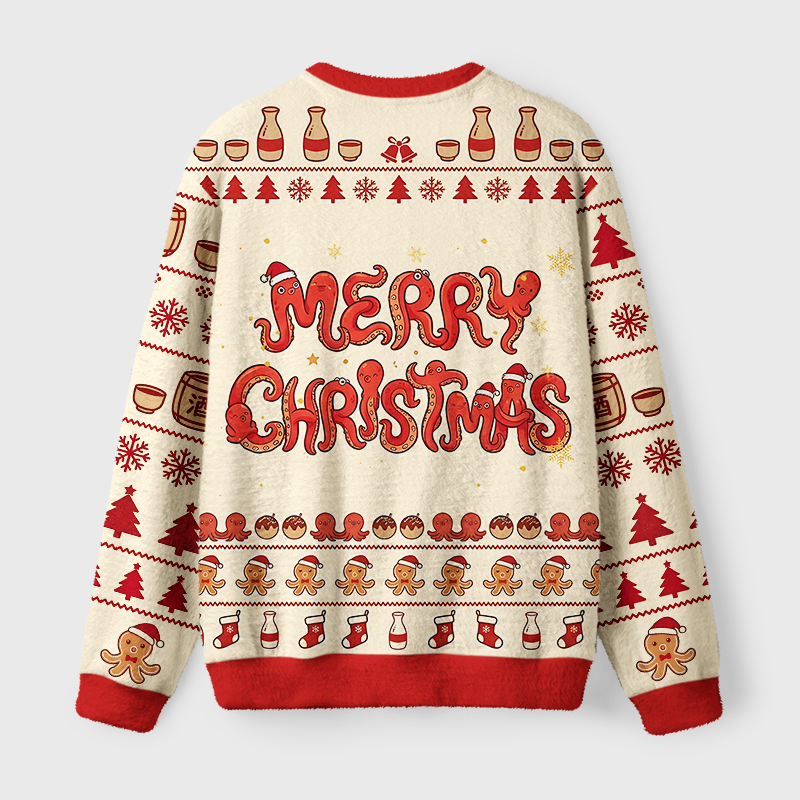 Tokyo-Tiger Drinking Octopus With Santa Hat Fuzzy Christmas Ugly Sweatshirt