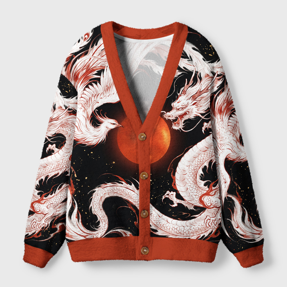 Tokyo-Tiger Dragon‑Phoenix Beneath Crimson Sun Ugly Cardigan Sweater