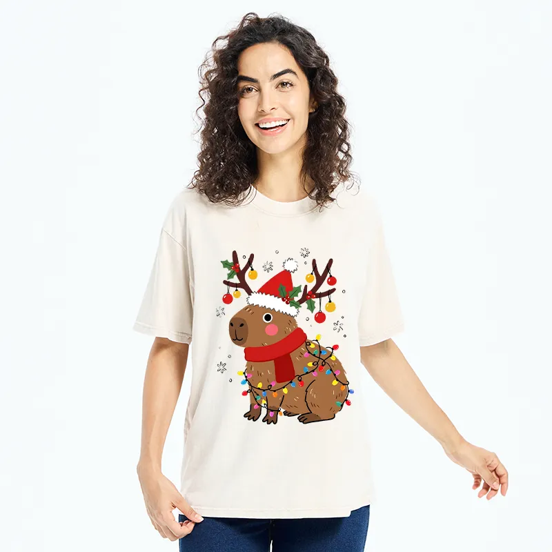 Tokyo-Tiger Cute Christmas Capybara Washed T-Shirt